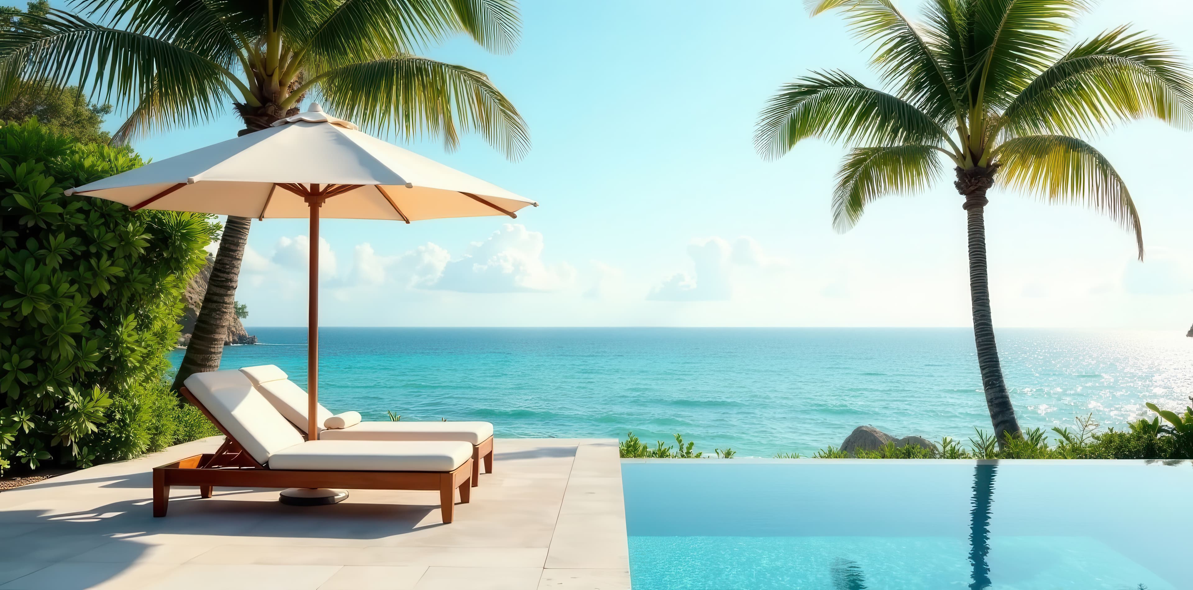 Luxury poolside with sun loungers and ocean view